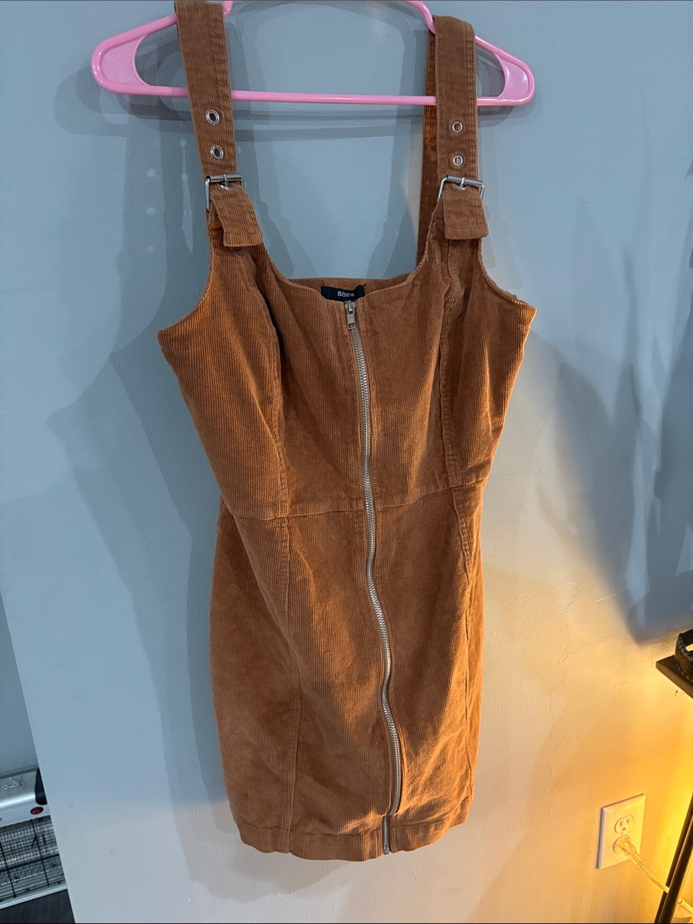 Zip-Front Corduroy Mini Pinafore Dress in Tan